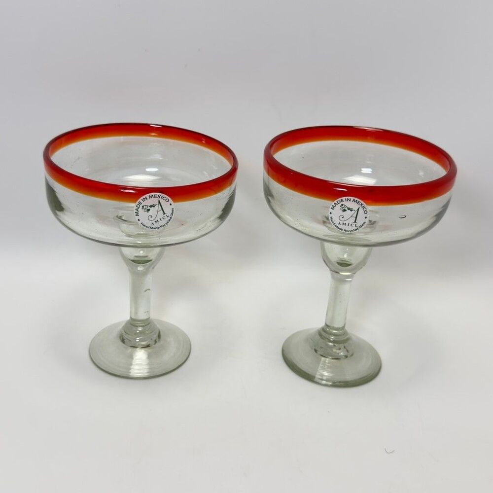 Amici Home Baja Mexican Colored Red Rim Hand Blown Margarita Glasses 2 pcs